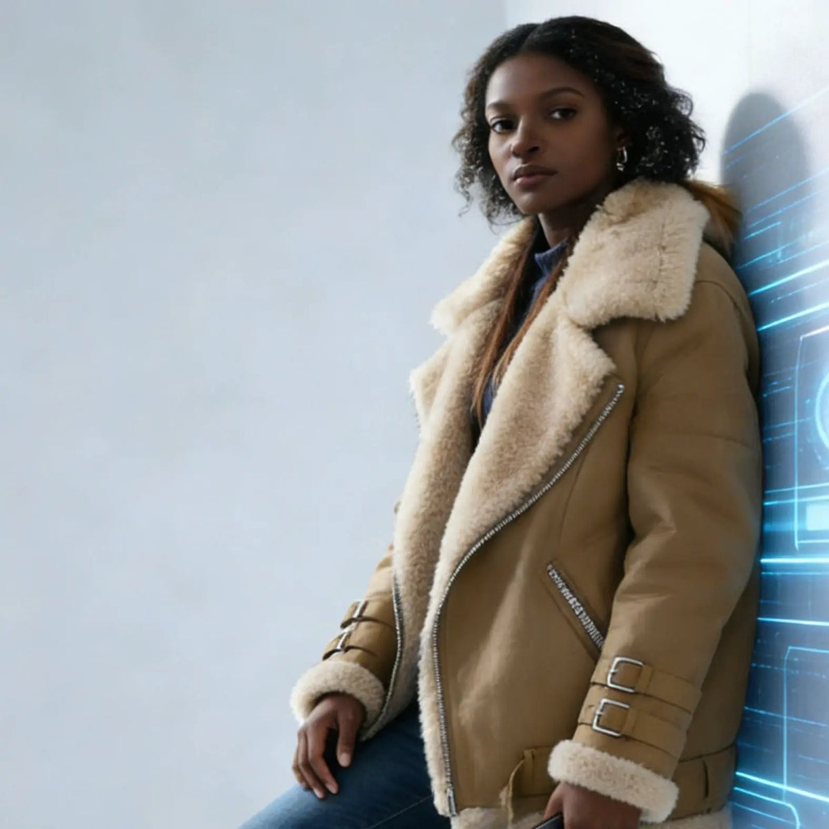 Suede leather jacket with lamb wool lining, tan color, plush shearling trim and zipped pockets