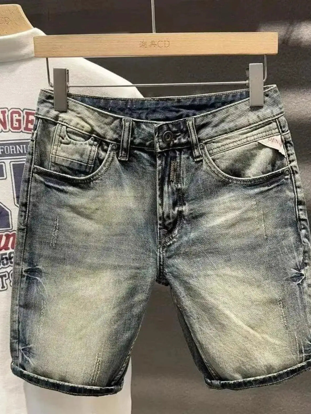 Men's Washed Denim Stretch Shorts, lightweight relaxed fit in blue denim