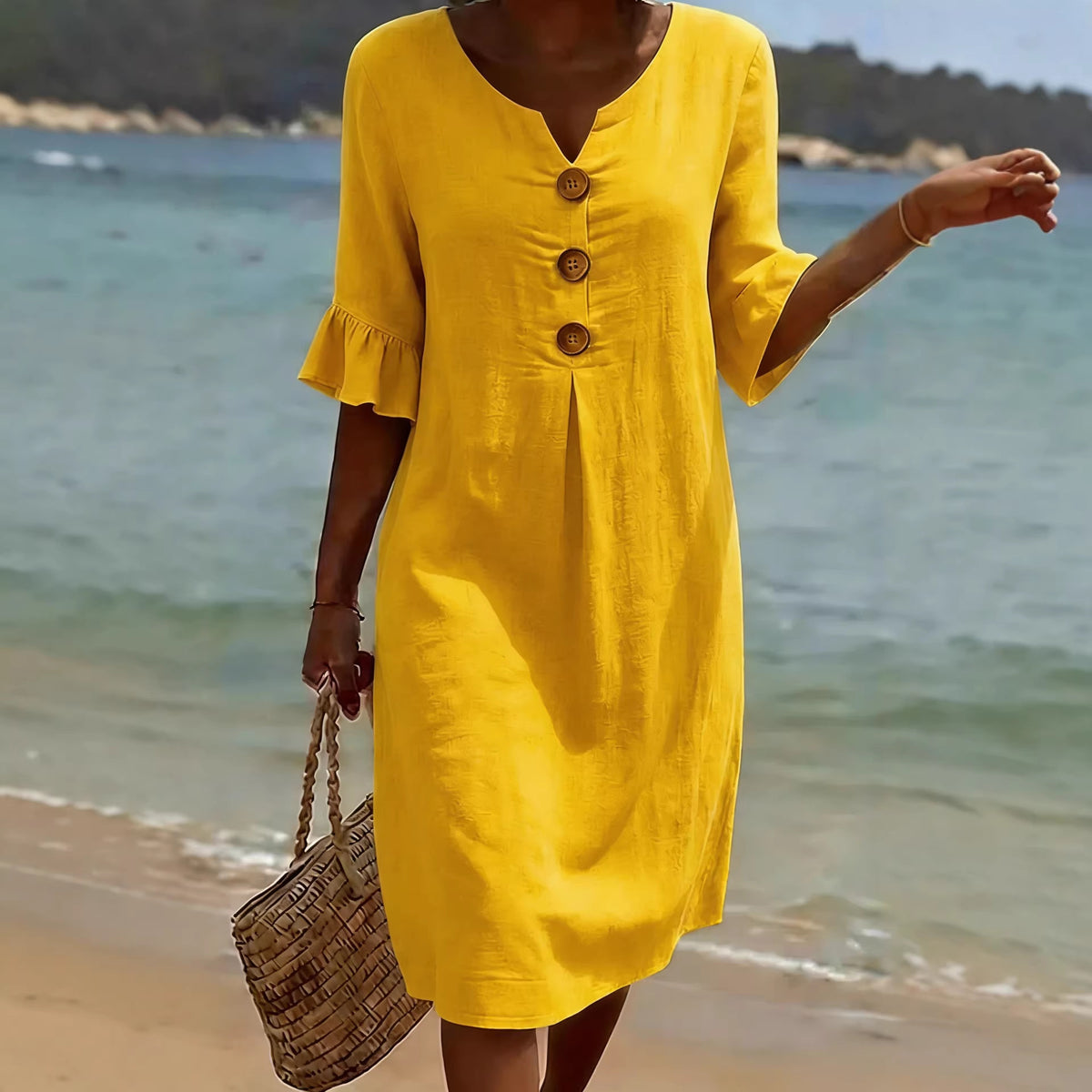 Summer Women's Solid-Colored Cotton Dress in yellow with front button placket and ruffled sleeves