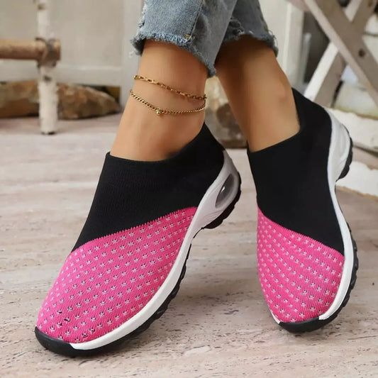 Color Block Mesh Athletic Shoes pink and black, slip-on flats