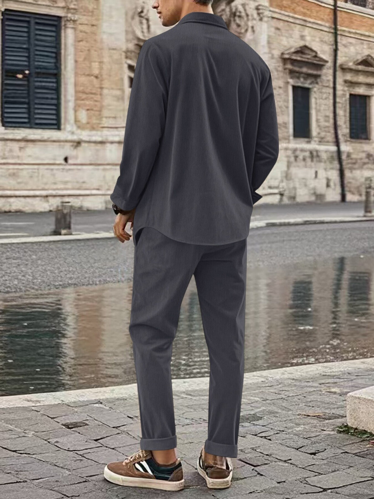 Men's plus-size full-size button-up long-sleeve shirt and pants set in dark gray pinstripe, Trendsi