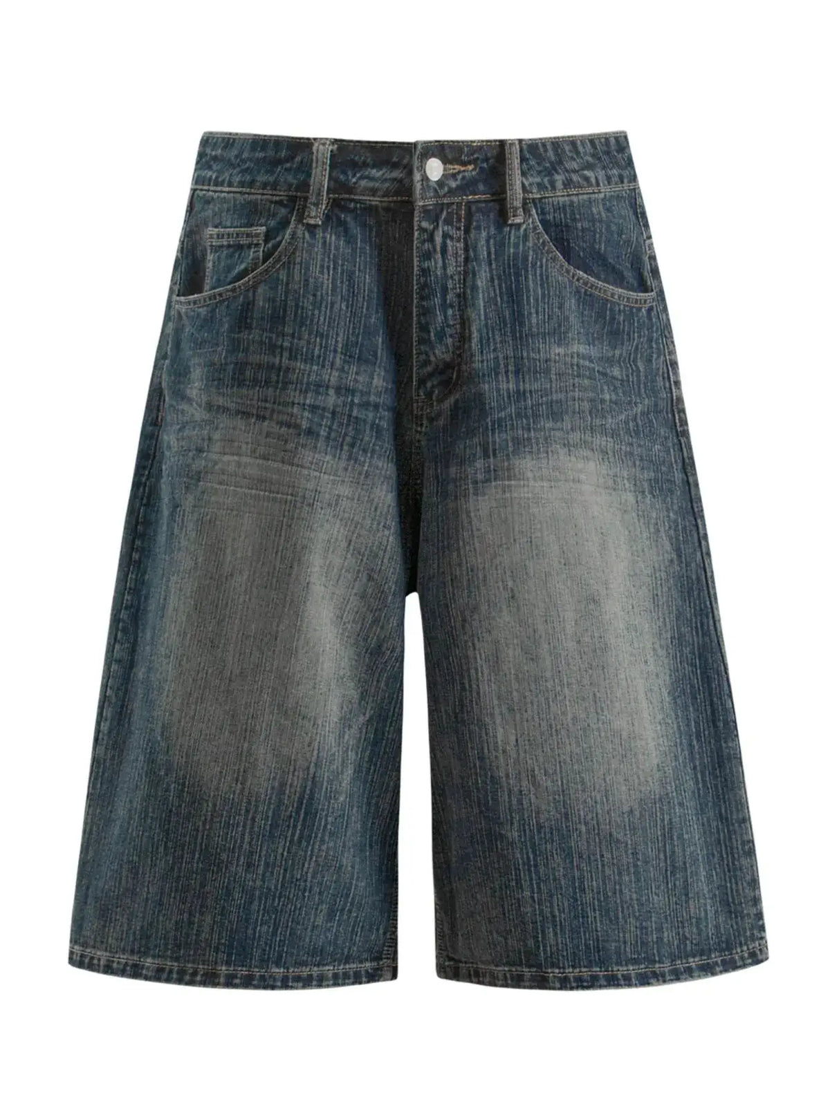 Men's wide-leg denim shorts in washed blue soft-stretch fabric