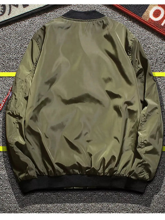 Men's plus-size olive green nylon bomber jacket with military patches on sleeves
