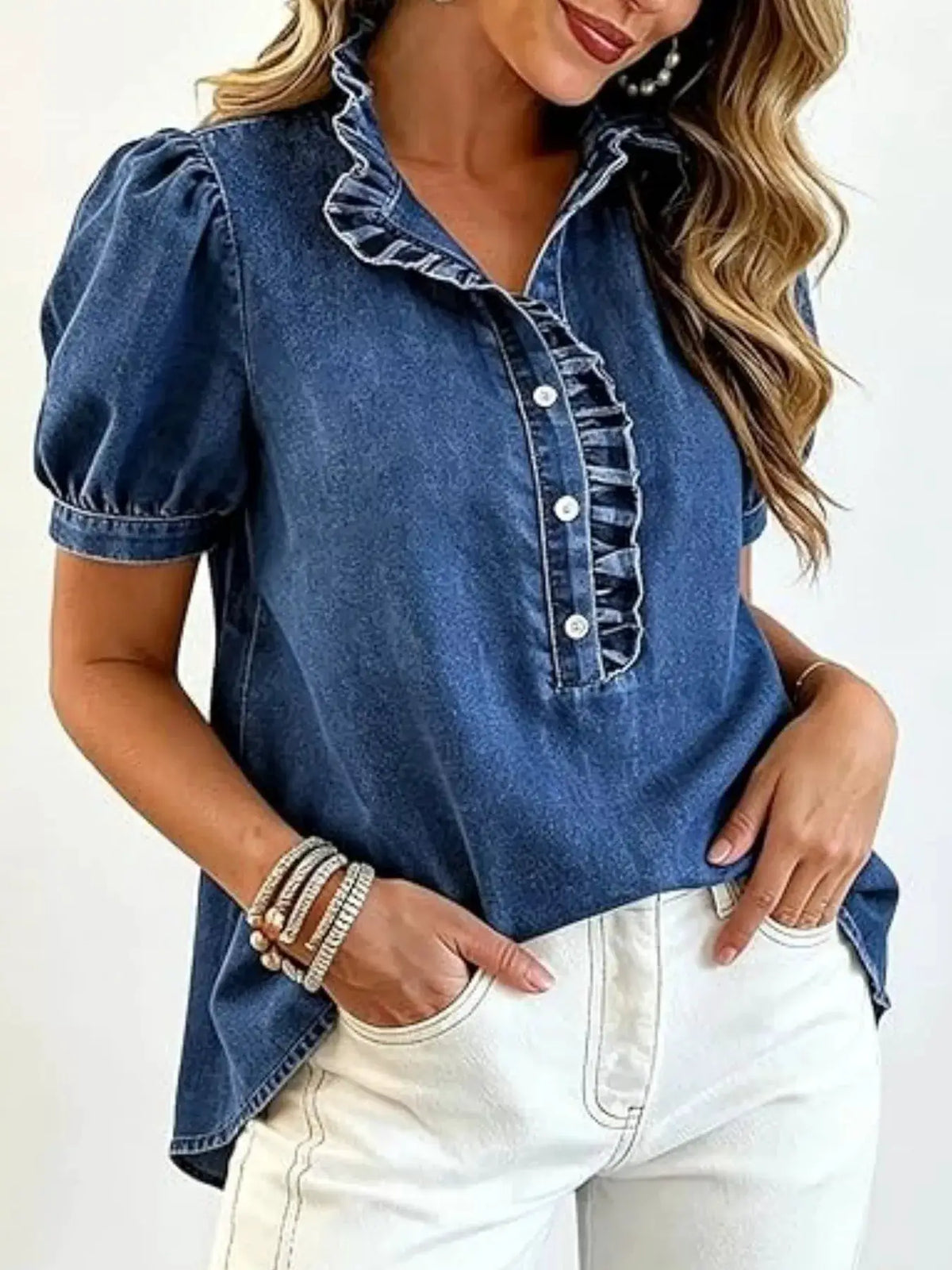 Frill-puff sleeve denim top with front button closure in dark blue