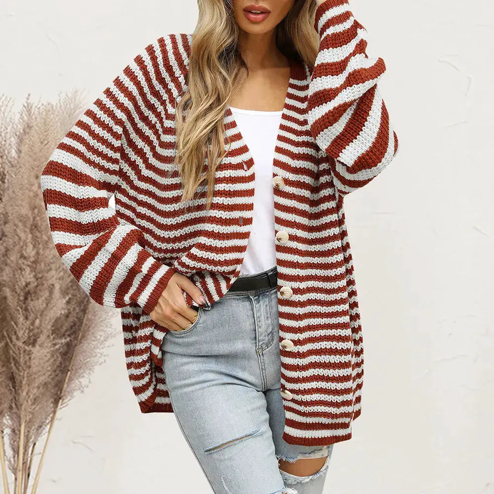 Premium striped button-front long sleeve cardigan; red and white knit, soft stretchy fabric by Trendsi