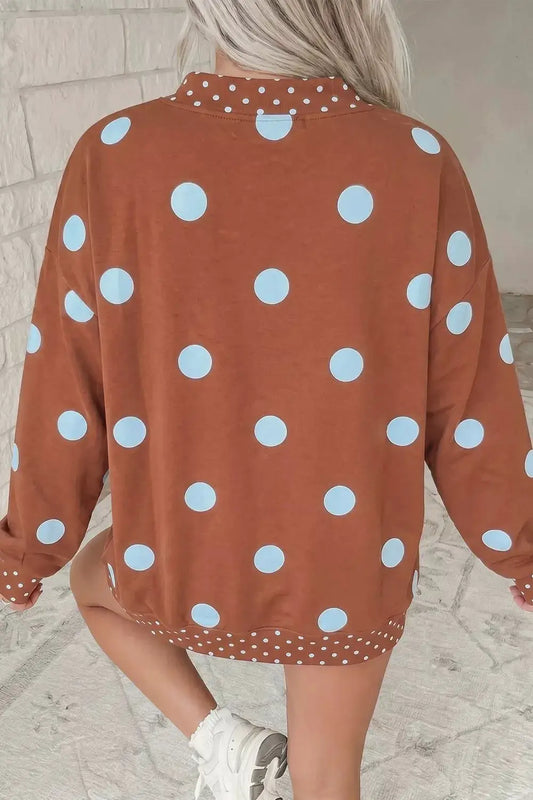 Polka Dot Dropped-Shoulder Sweatshirt in rust with light blue polka dots