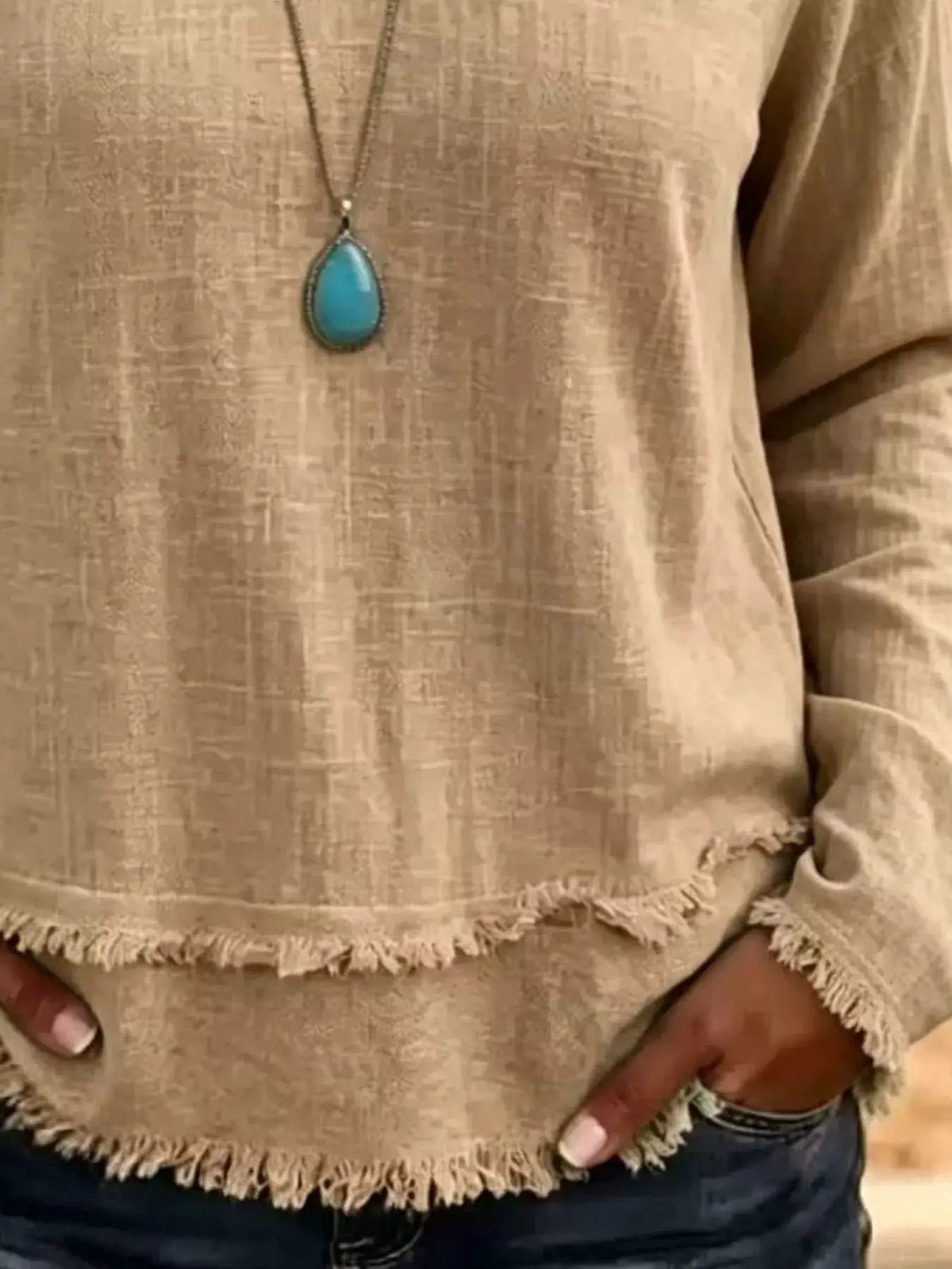 V-Neck Frayed Hem Long Sleeve T-Shirt in beige with turquoise pendant necklace (2 items)