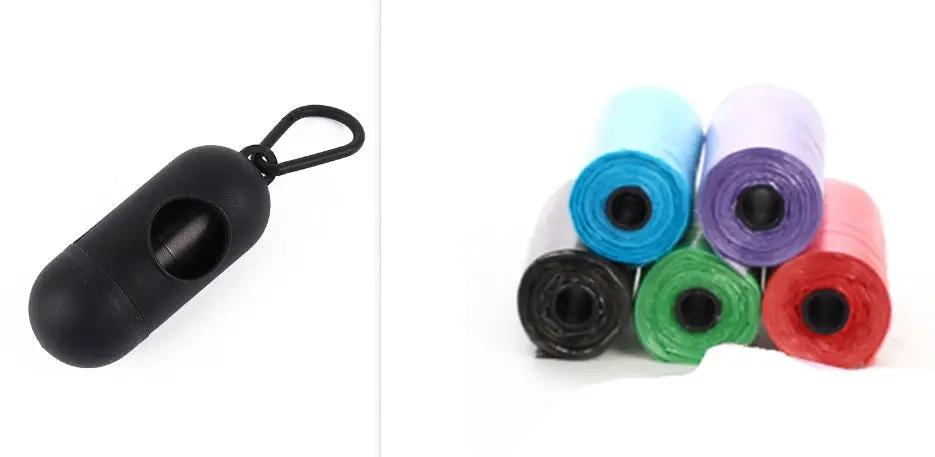 Dog poop bag dispenser by AdTec, black with a loop and six colorful bag rolls in blue purple lavender green red black