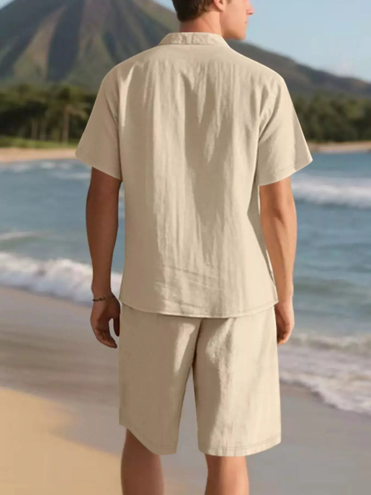 Mens plus-size casual button-up shirt and shorts two-piece set in beige by Trendsi