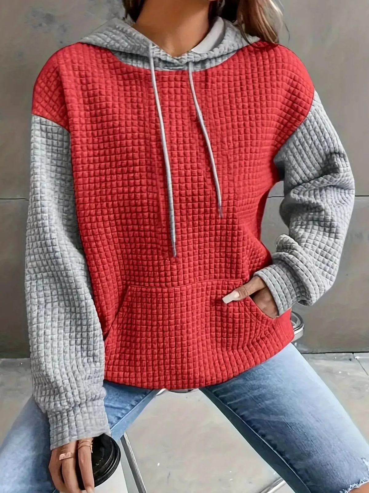 Full Size Textured Kangaroo Pocket Hoodie Plus Size in red with gray sleeves by Trendsi