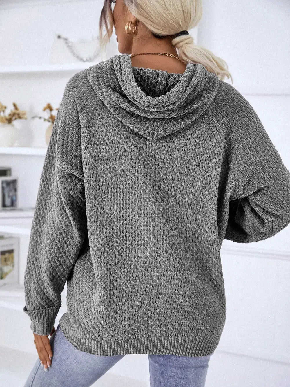 Textured grey drawstring hoodie sweater in premium polyester, long sleeves
