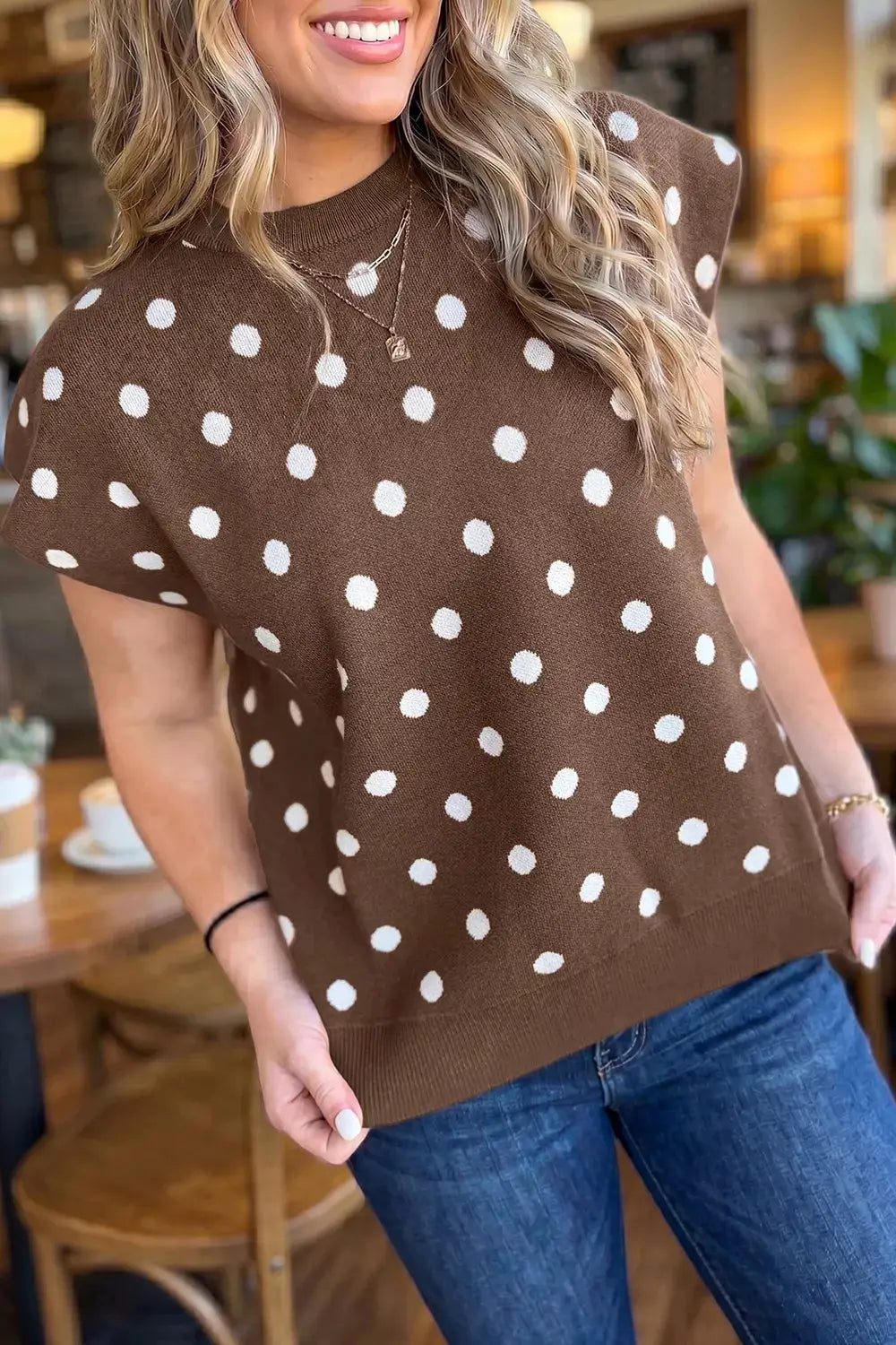 Dolman short sleeve polka dot sweater in brown soft knit, Trendsi