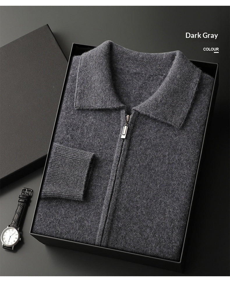 Men's solid-color warm knitted cardigan in dark gray with zipper, AdTec.