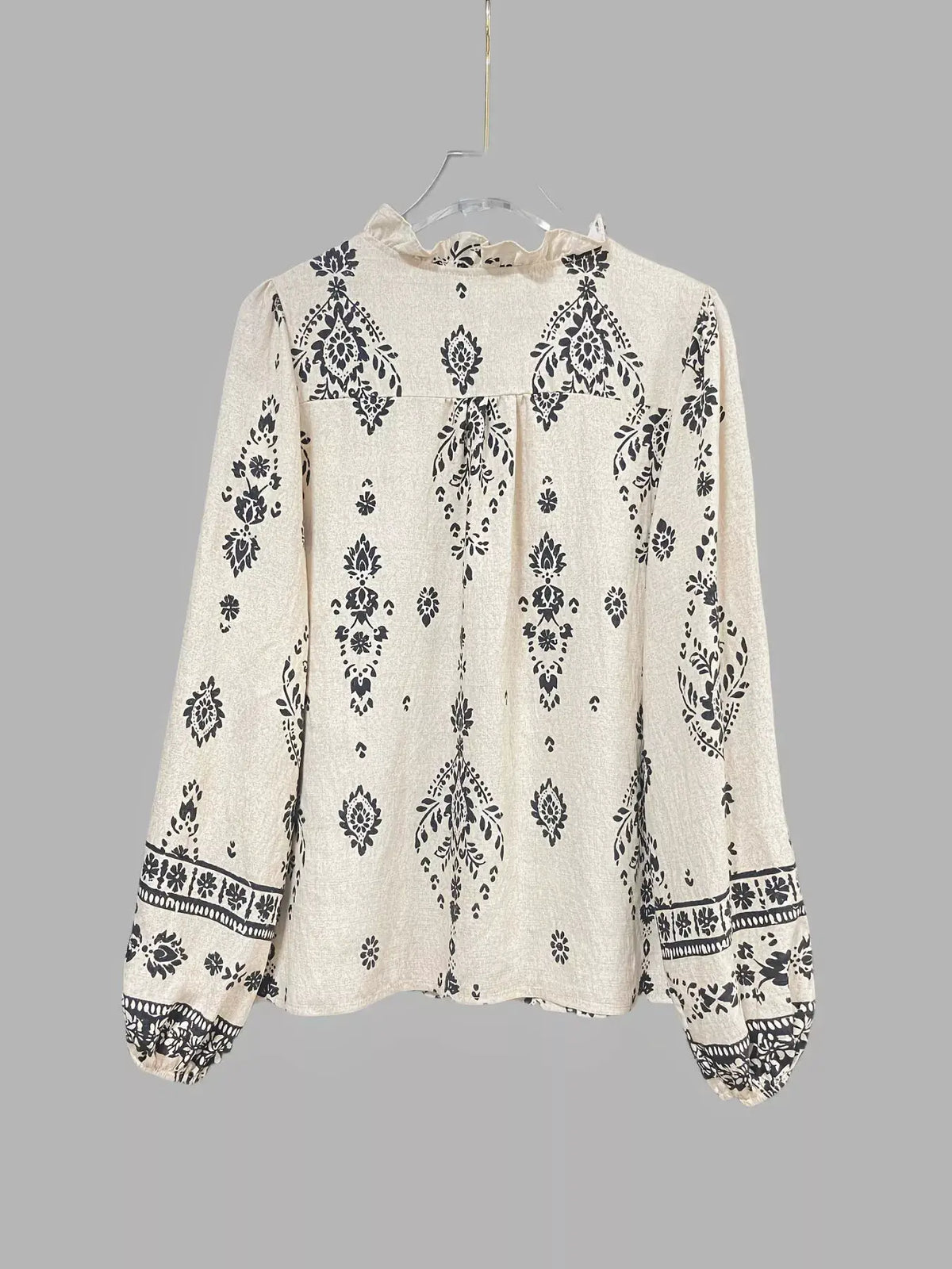 Vintage Print Long Sleeve Shirt, cream with black ornate pattern