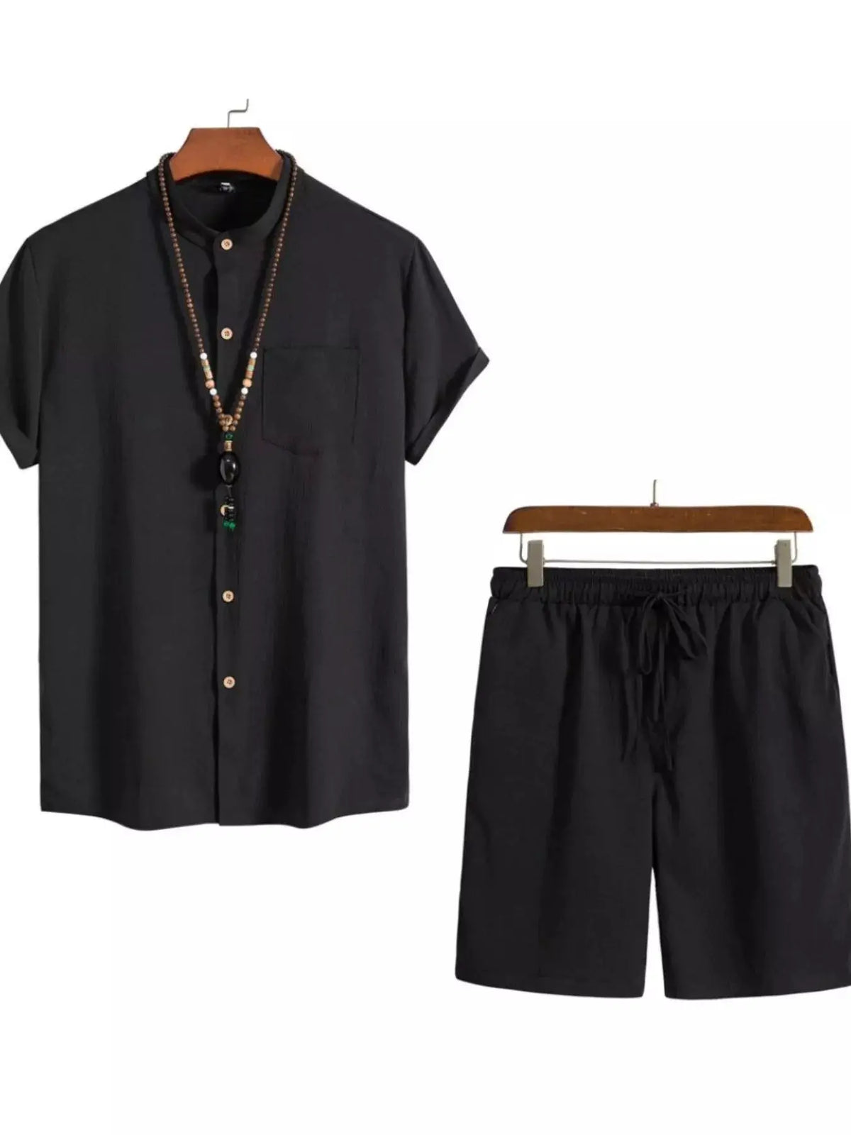 Trendsi plus-size men's summer casual 2-piece button-front shirt and shorts set, black; shown with beaded necklace.
