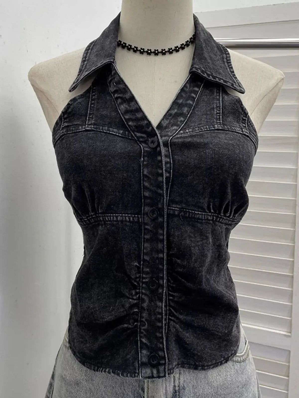 Premium Textured Smocked Denim Halter Top; dark wash denim, collared front, button placket