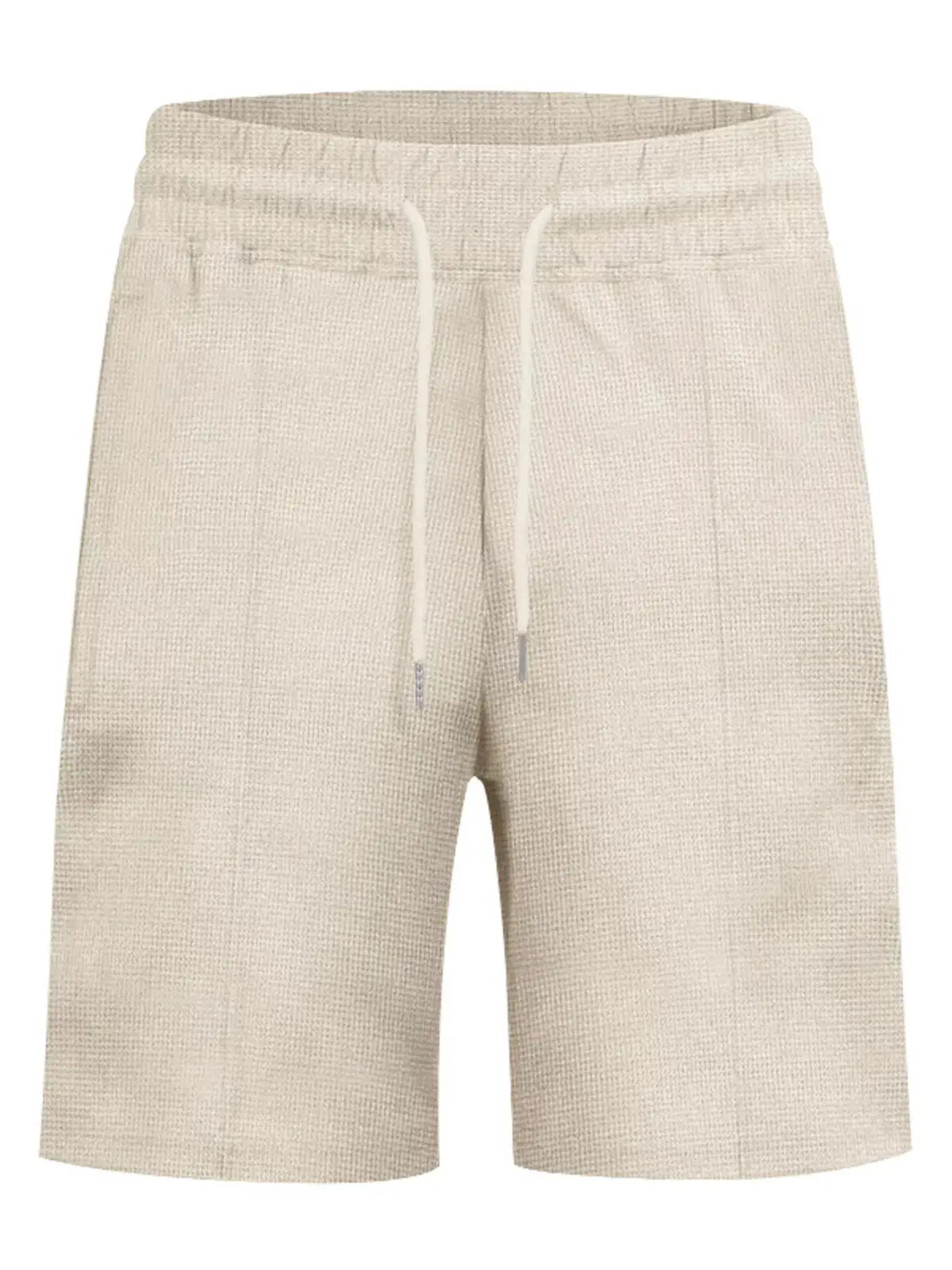 Men's beige knit shorts with drawstring waistband and front pockets