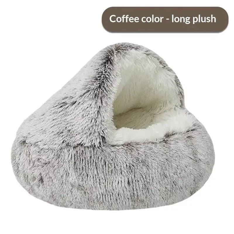 Semi-closed cat bed in gray long-plush with white interior, nest-style shell