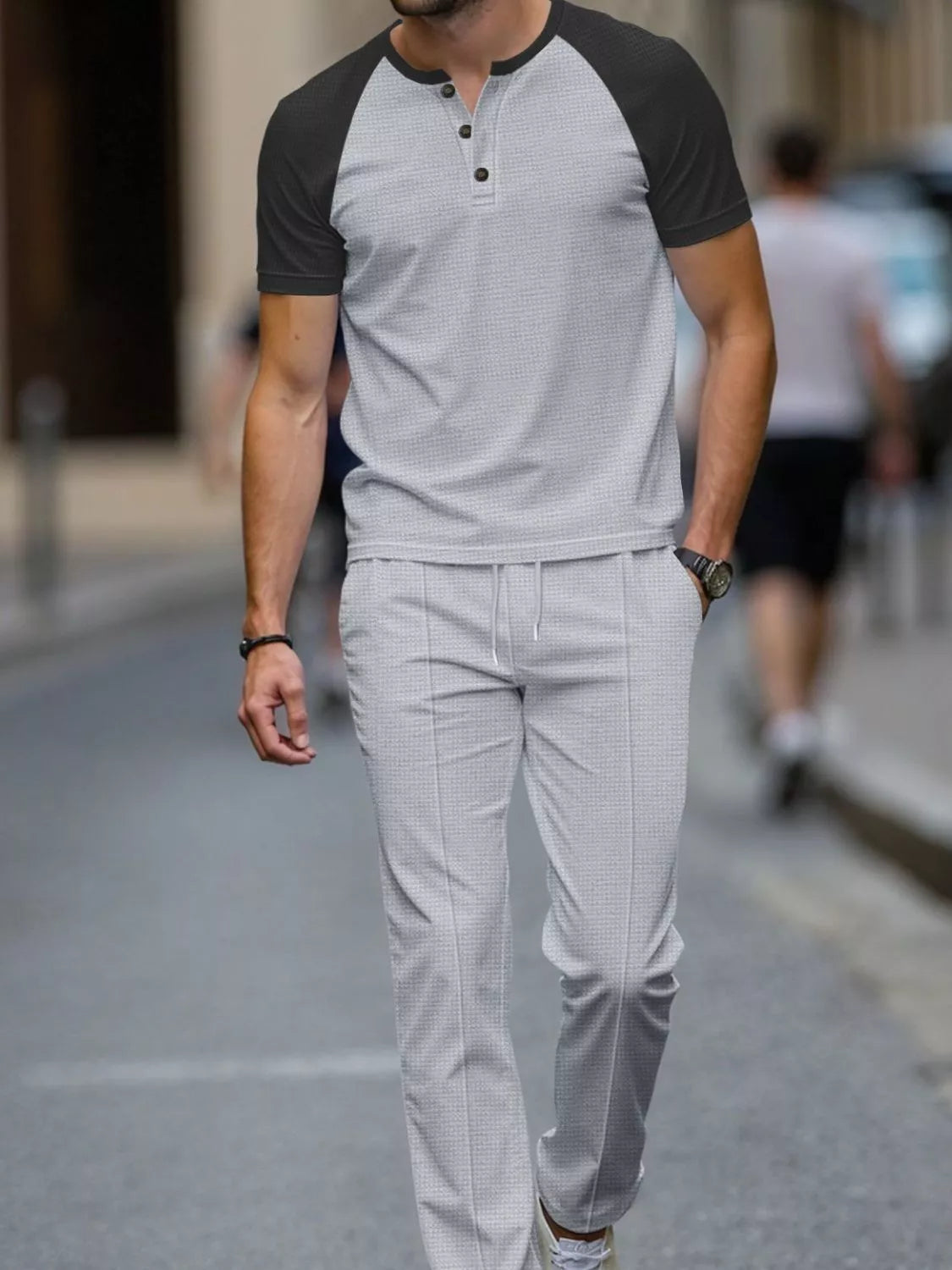 Men's two-tone raglan tee and pants set; light gray body with black sleeves, drawstring pants