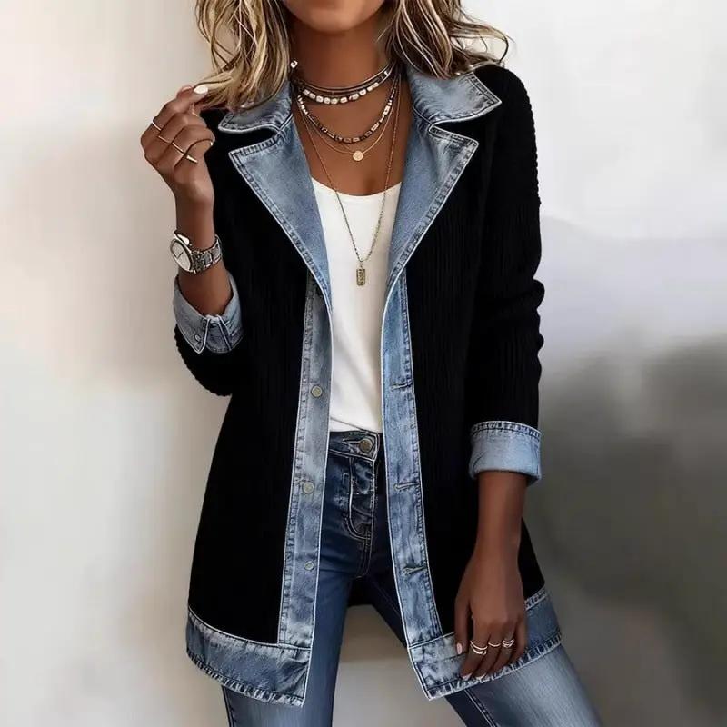 Women's patchwork denim jacket with black knit panels and light-wash denim trim