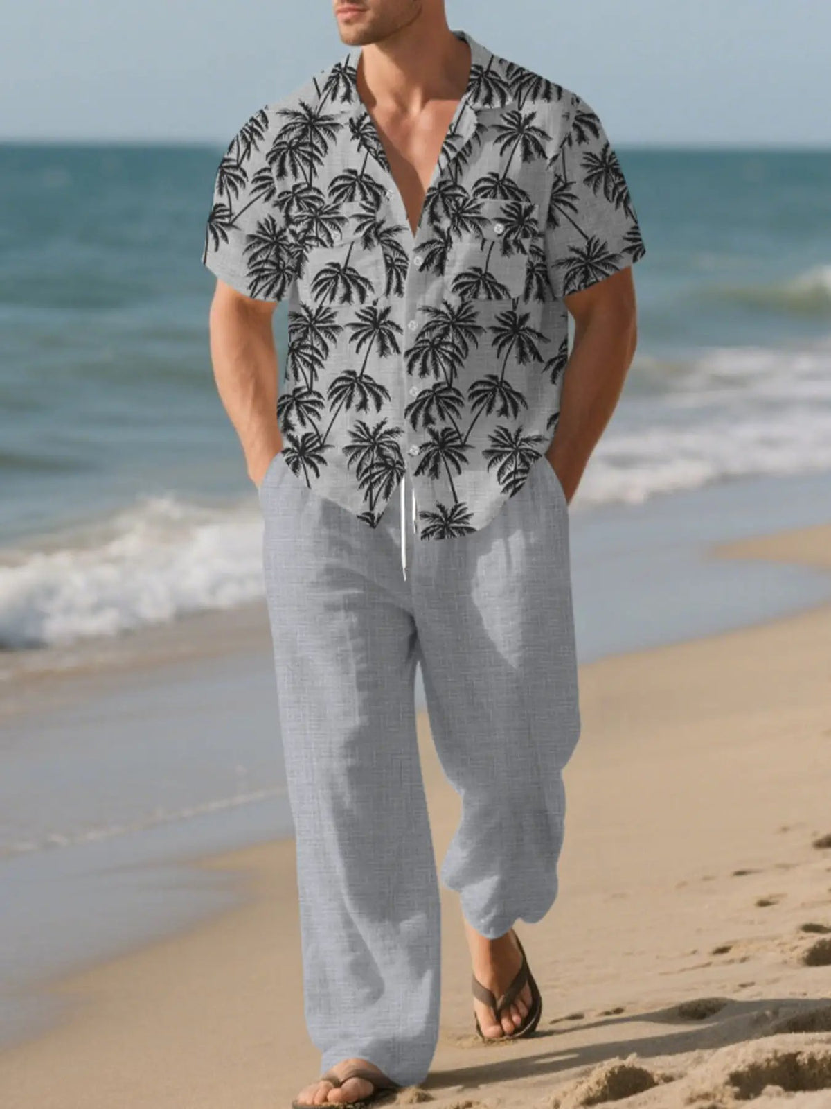 Men's plus-size tropical palm print shirt and pants set, 2-piece, in light gray with black palm trees, by Trendsi
