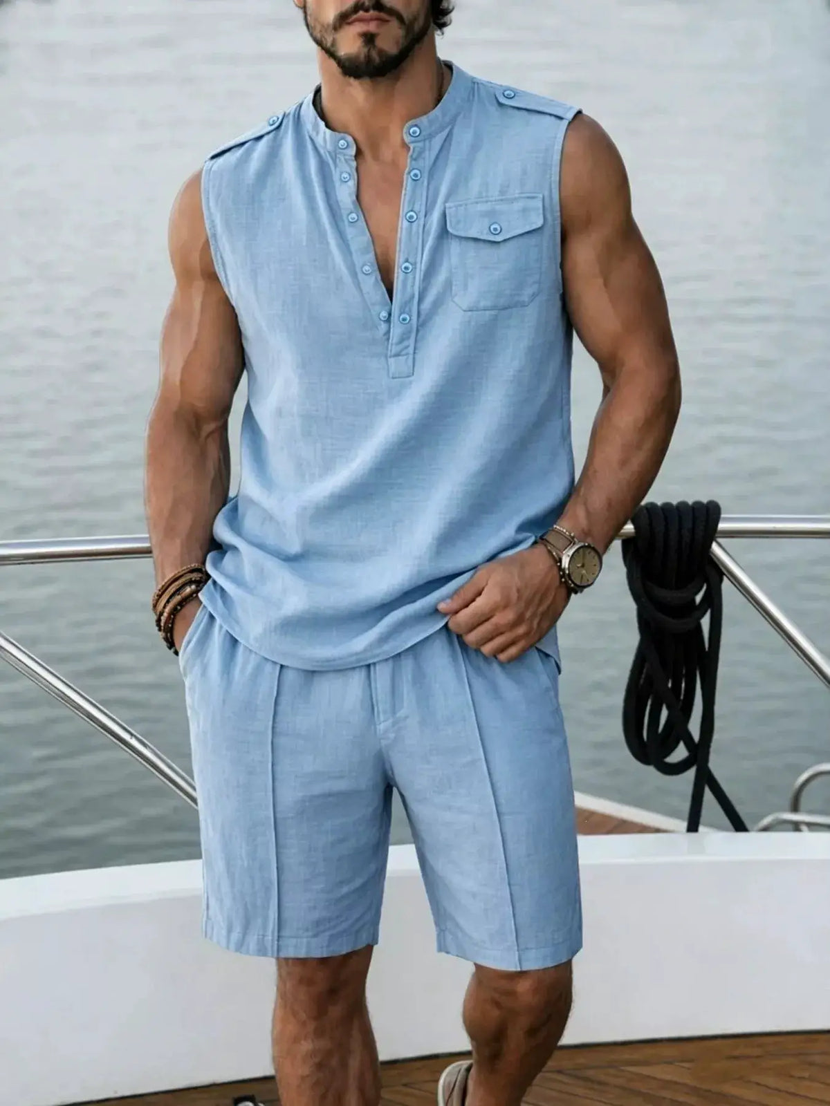 Plus-size men's sleeveless top and shorts two-piece set in light blue, by Trendsi.
