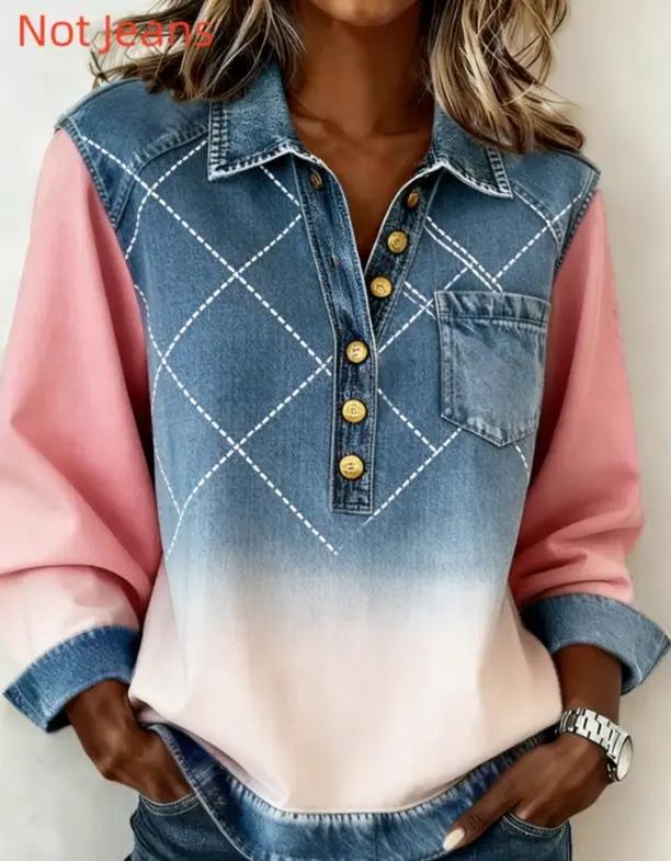 Vintage denim patchwork plaid button-down long-sleeve top with pink gradient sleeves and gold buttons