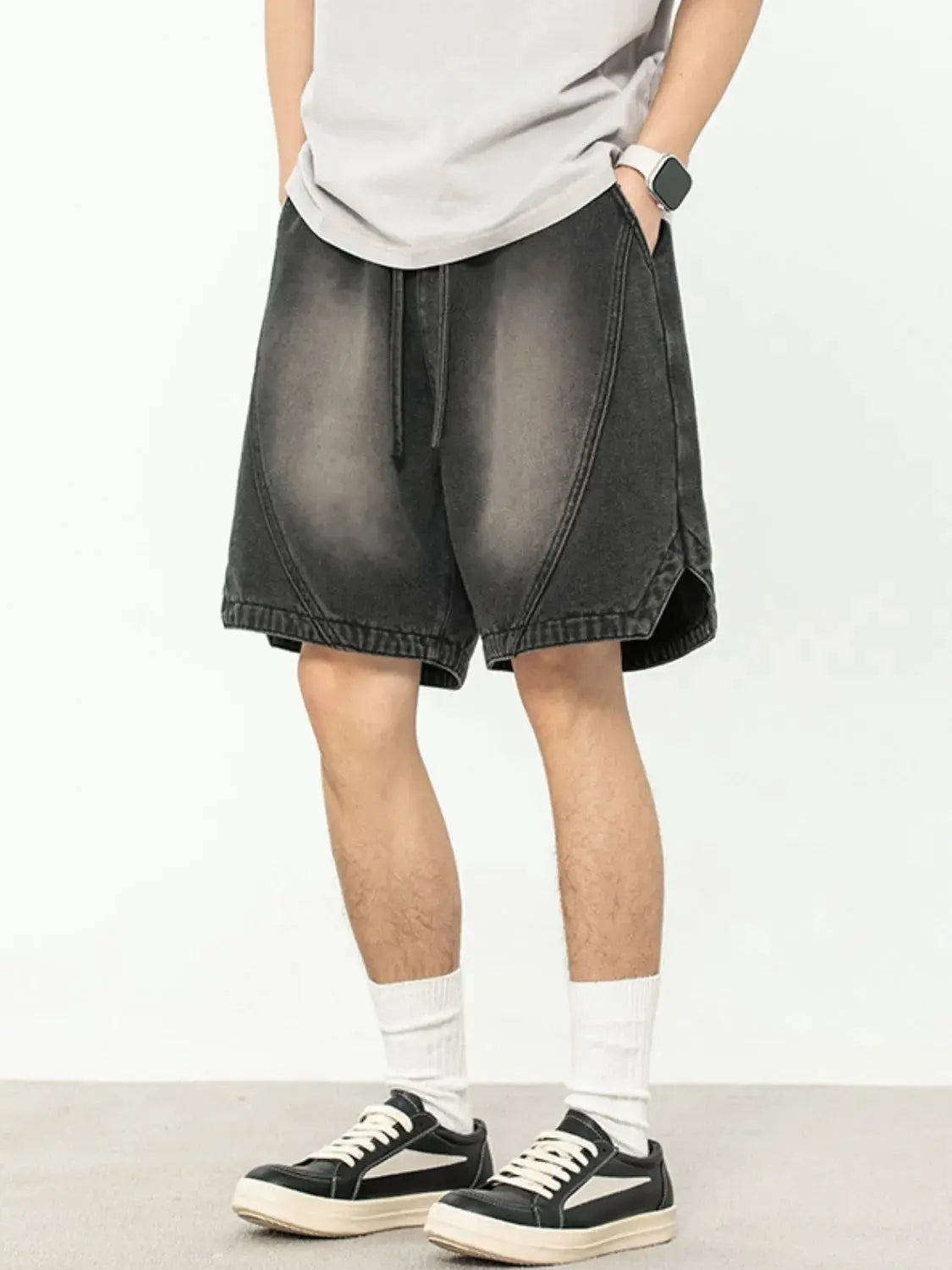 Mens plus size cotton drawstring denim shorts, relaxed fit, dark washed knee-length