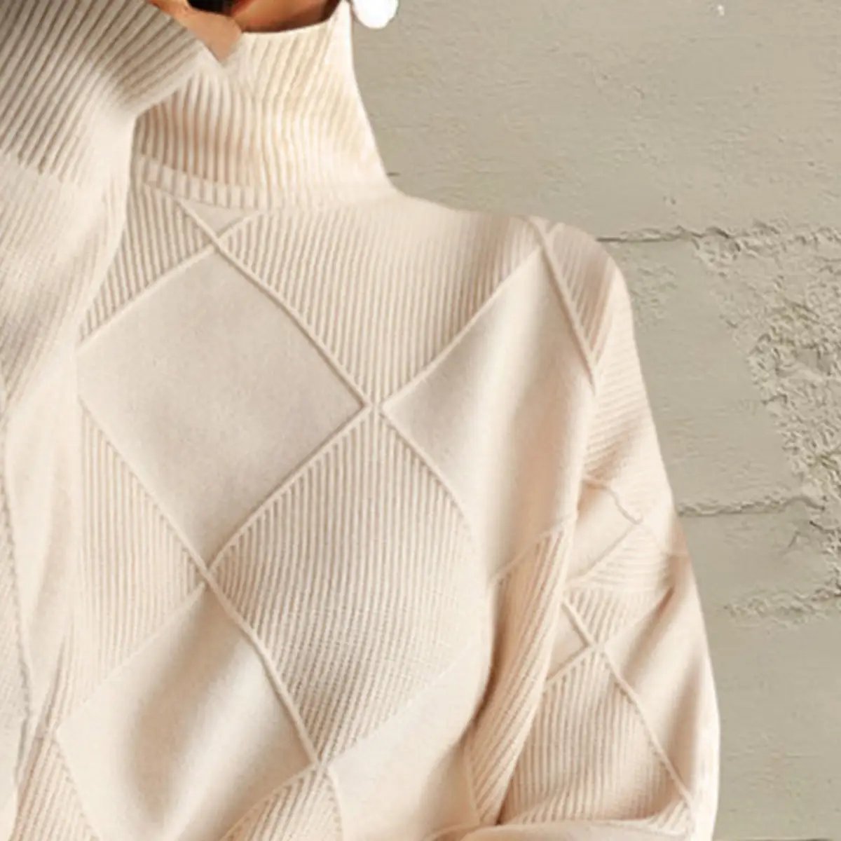 Geometric Turtleneck Long Sleeve Sweater in cream stretch knit with diamond pattern
