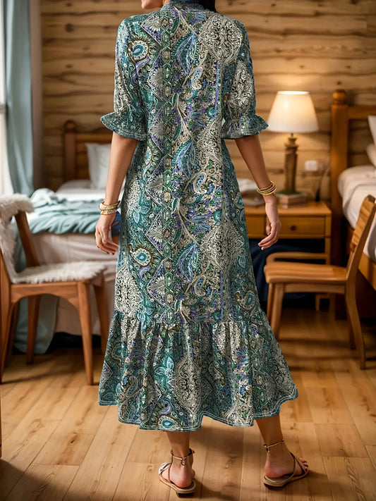 Full Size Bohemian Paisley Print Ruffle Hem Midi Dress Plus Size in teal/blue