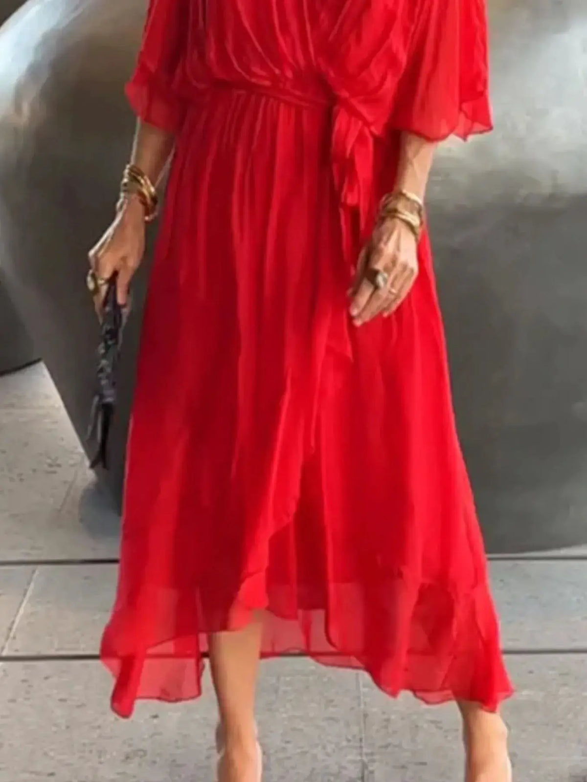 Dress: red, full-size flowy midi with flutter sleeves and waist tie
