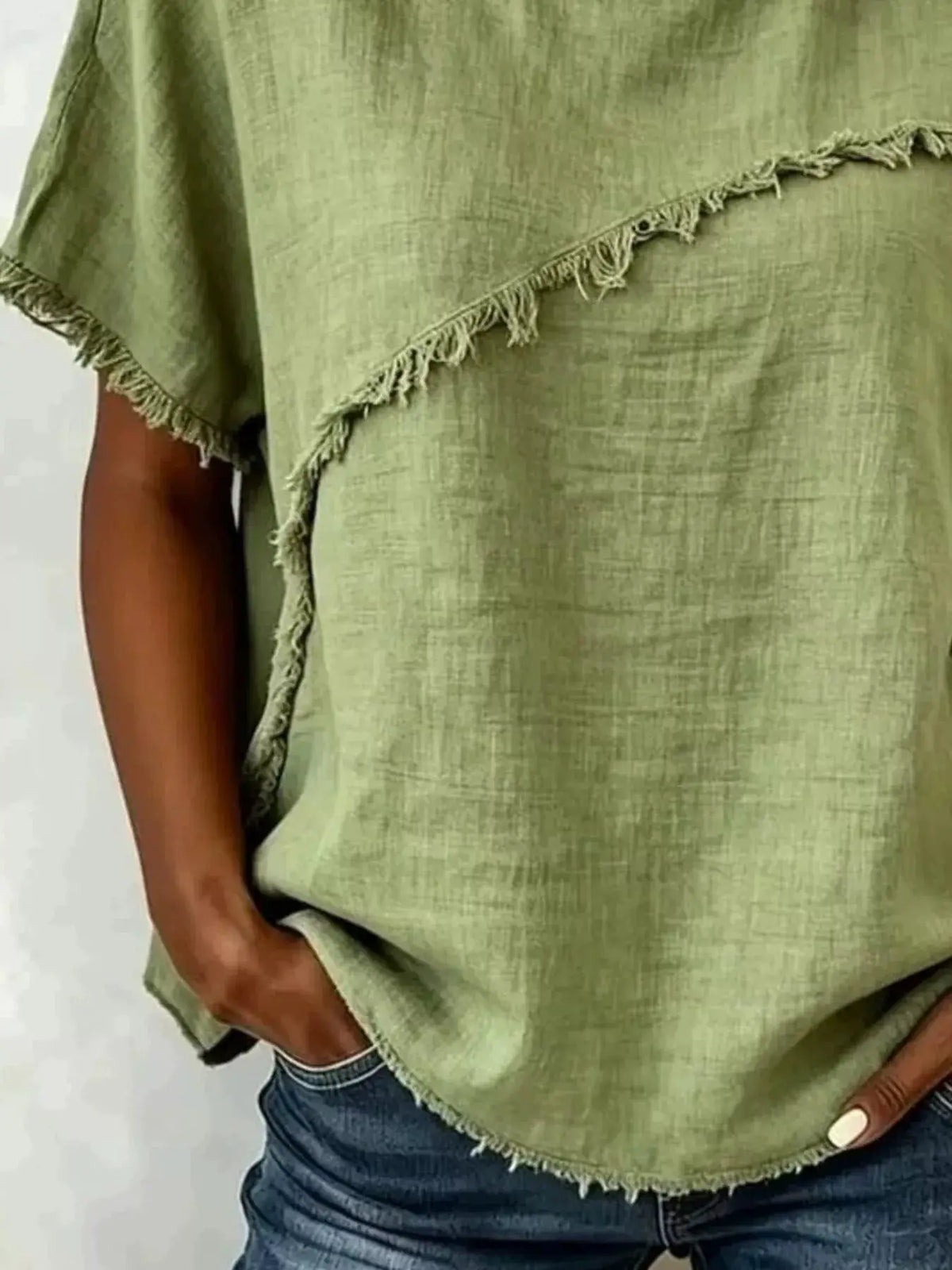 Plus-size frayed-hem short-sleeve top in sage green by Trendsi