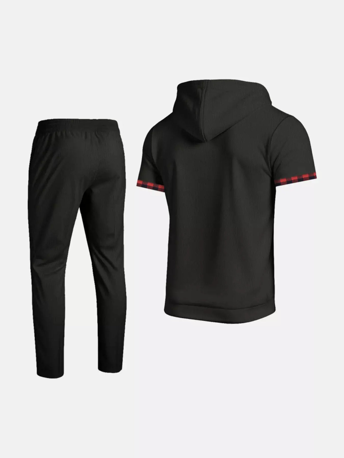Mens lightweight short-sleeve hoodie and pants lounge set by Trendsi, black with red plaid sleeve trim, plus size