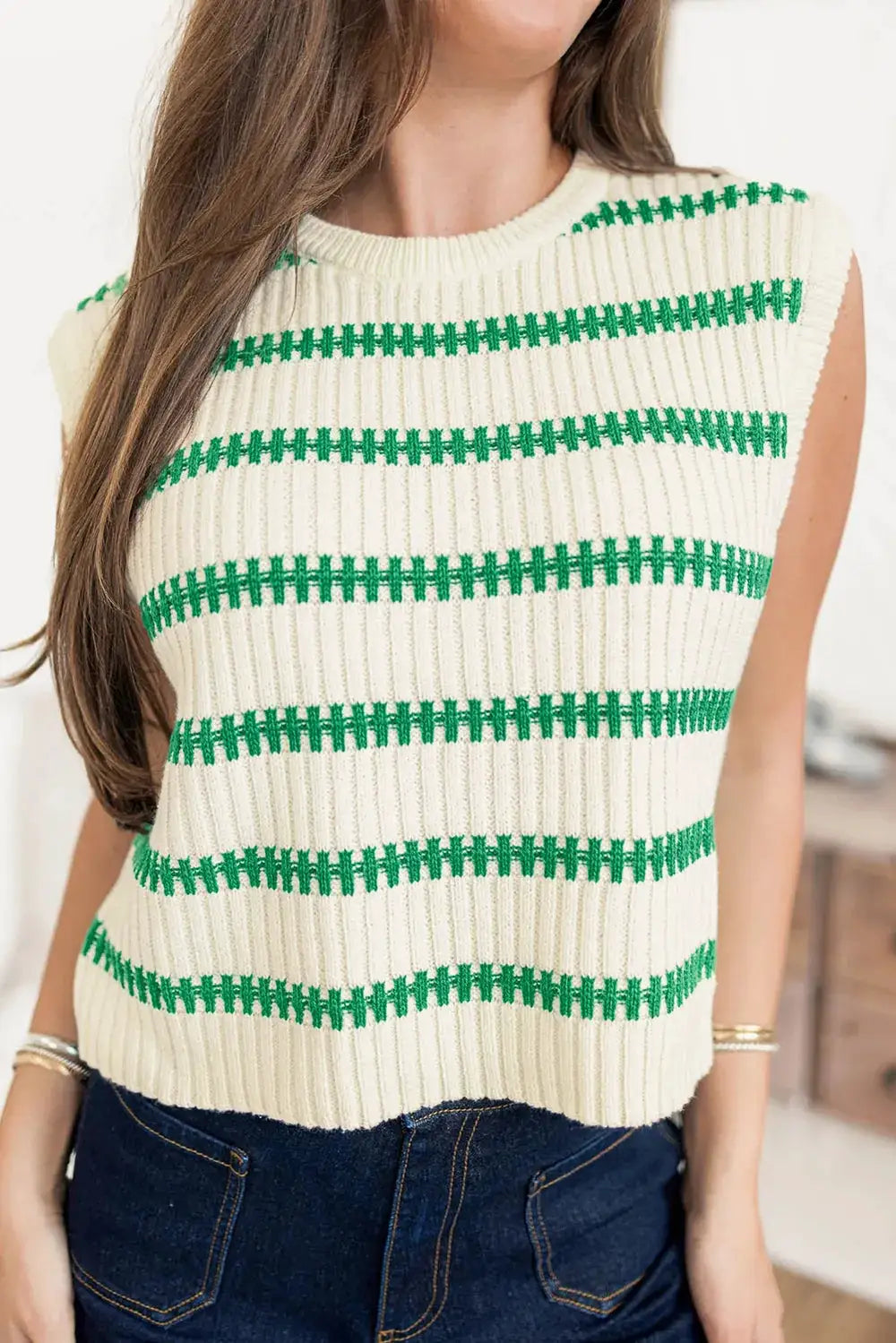 Sweater vest by Trendsi, cream knit with green stripes, ribbed round-neck