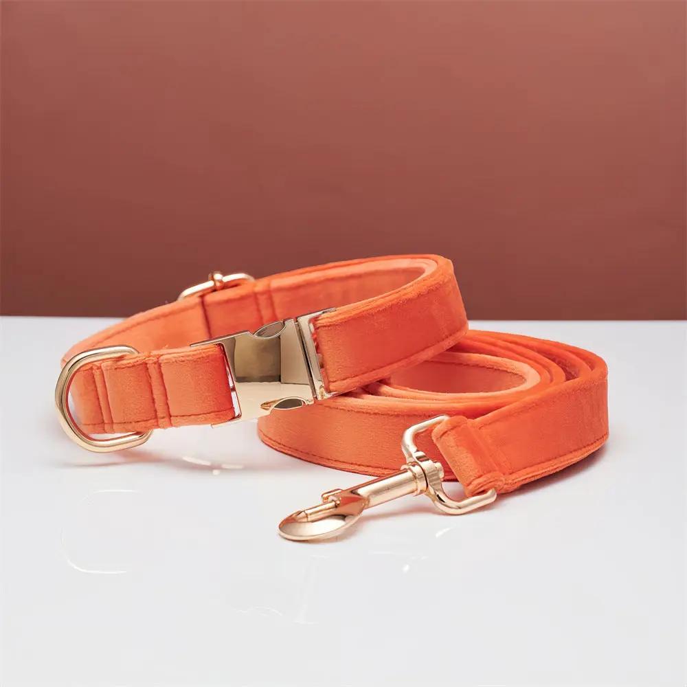 Velvet orange dog collar and leash set with rose-gold hardware