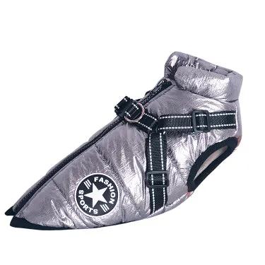 Large dog jacket in metallic silver with black harness straps