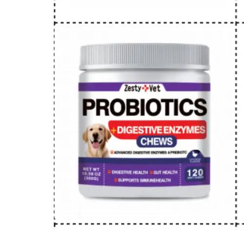 Probiotics Digestive Enzymes Chews jar, Zesty Vet, white bottle with purple label, 120 chews