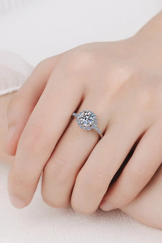 1 Carat Moissanite Rhodium-Plated Halo Ring for engagement