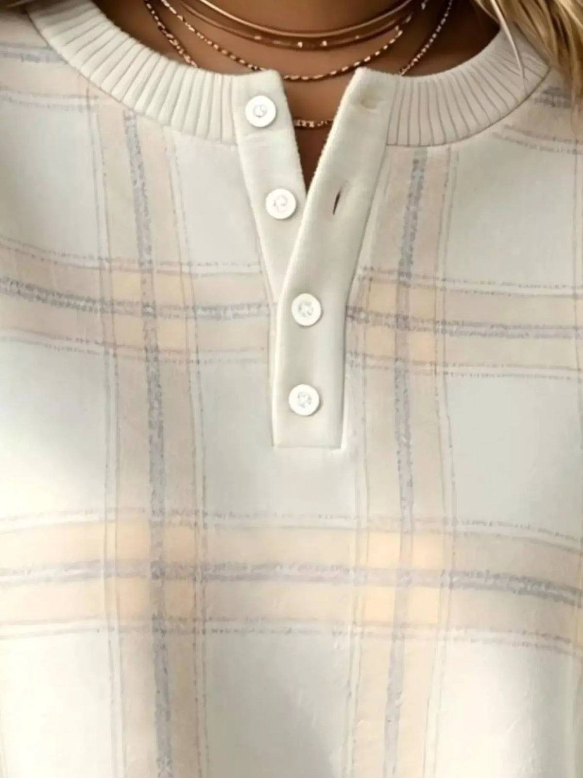 Women plus-size long sleeve plaid button-front sweatshirt in beige tones