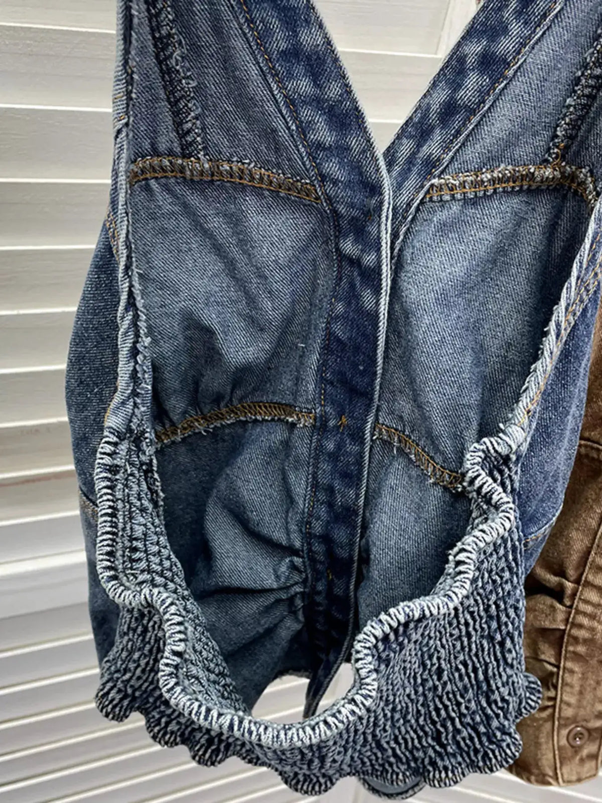 Premium Textured Smocked Denim Halter Top in blue denim with smocked detailing