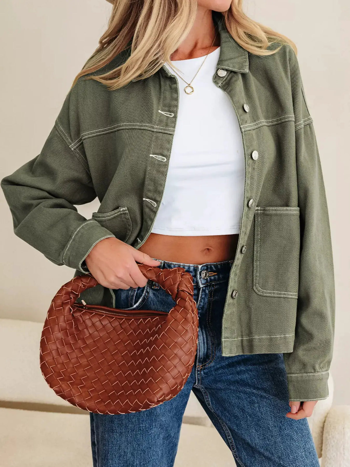 Boyfriend denim jacket in olive green with front patch pockets and metal button closure by Trendsi