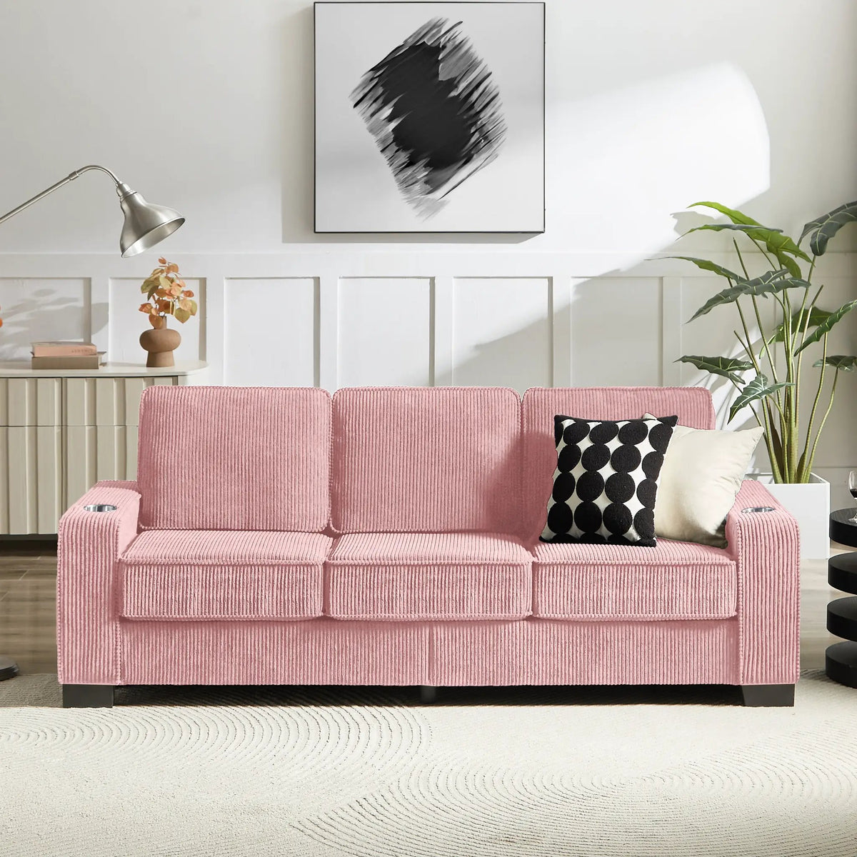AdTec 83.86 Corduroy Fabric Sofa in pink ribbed upholstery.
