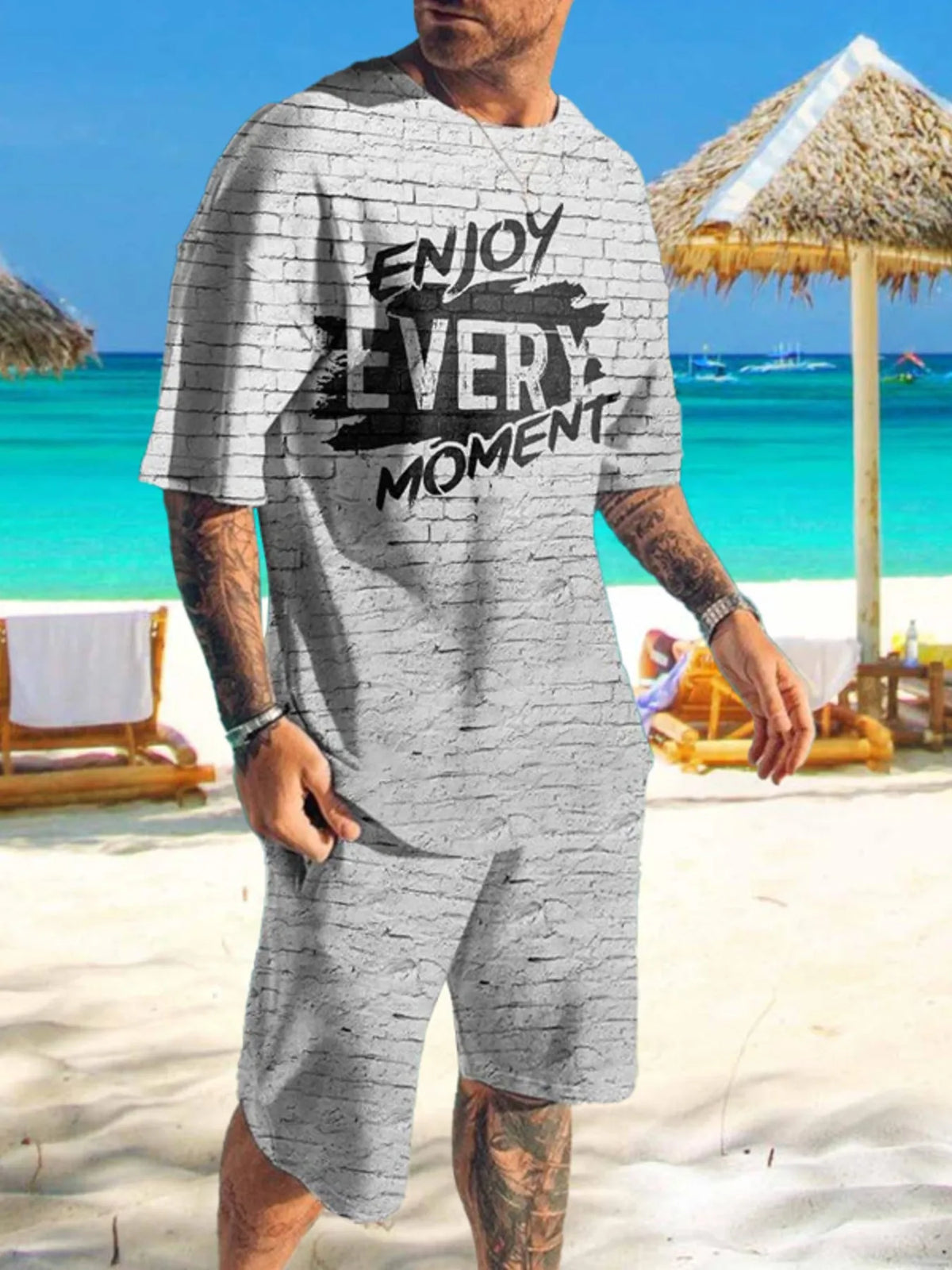 Men's plus-size 2-piece gray printed tee and shorts set with brick-pattern shirt displaying Enjoy Every Moment graphic