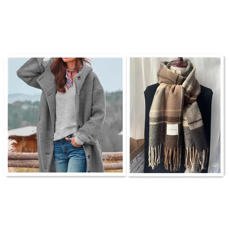 Womens heavy tweed winter coat in grey; two-item display with a brown plaid scarf on a mannequin