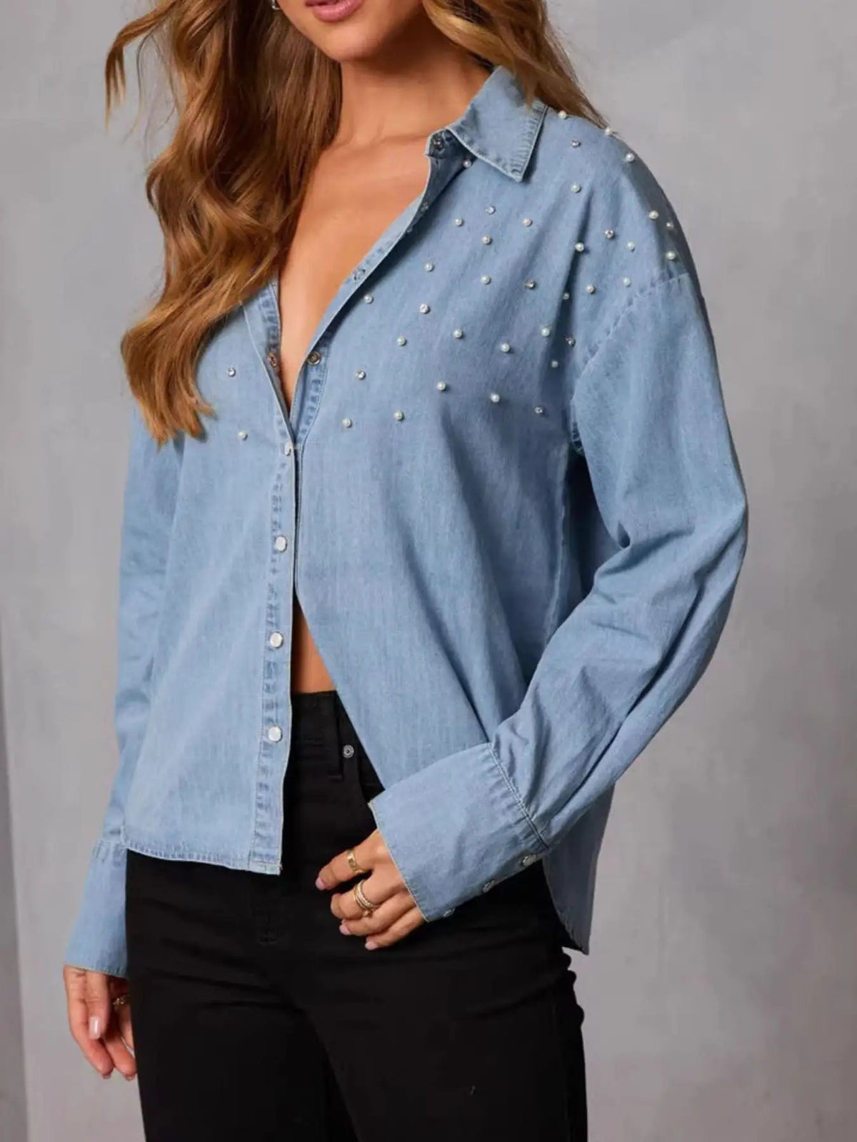 Pearl-embellished button-up denim shirt in light blue, soft comfort fit