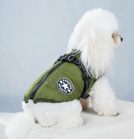 Dog coat AdTec green cotton-padded fleece-lined with reflective trim.