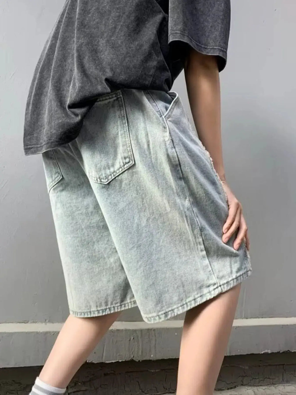Men's plus-size washed denim shorts with stretch drawstring waist and pockets