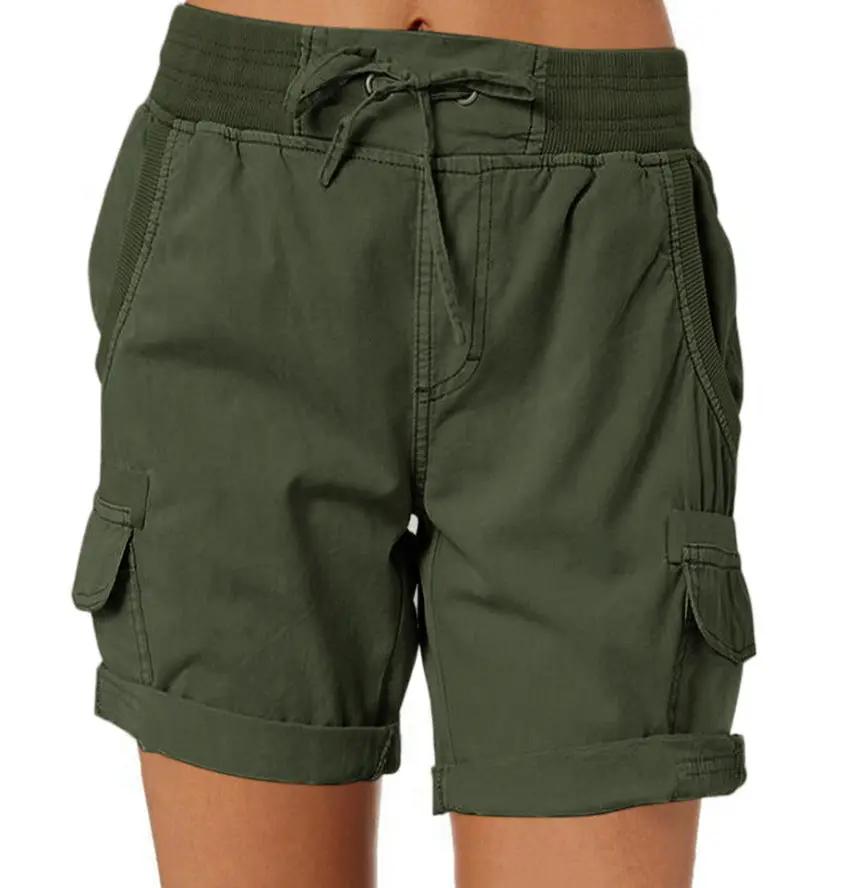 Lightweight women's cargo shorts with drawstring waist, olive green, deep pockets.
