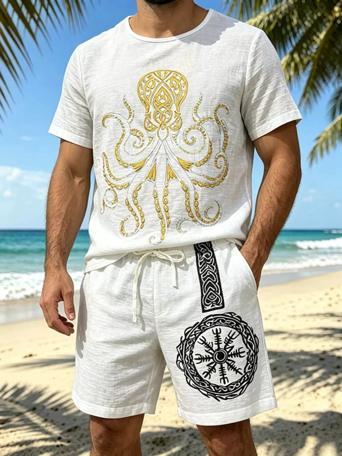 Men's Trendsi plus-size two-piece loungewear set: white tee and drawstring shorts with gold ornamental print