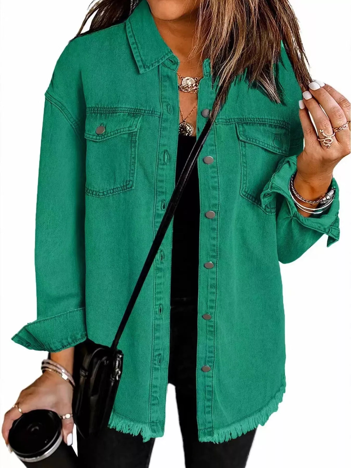 Classic Frayed Hem Button Up Denim Jacket in green with side pockets